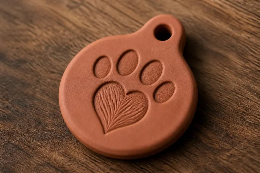 Chapita personalizada para mascotas hecha con arcilla polimérica